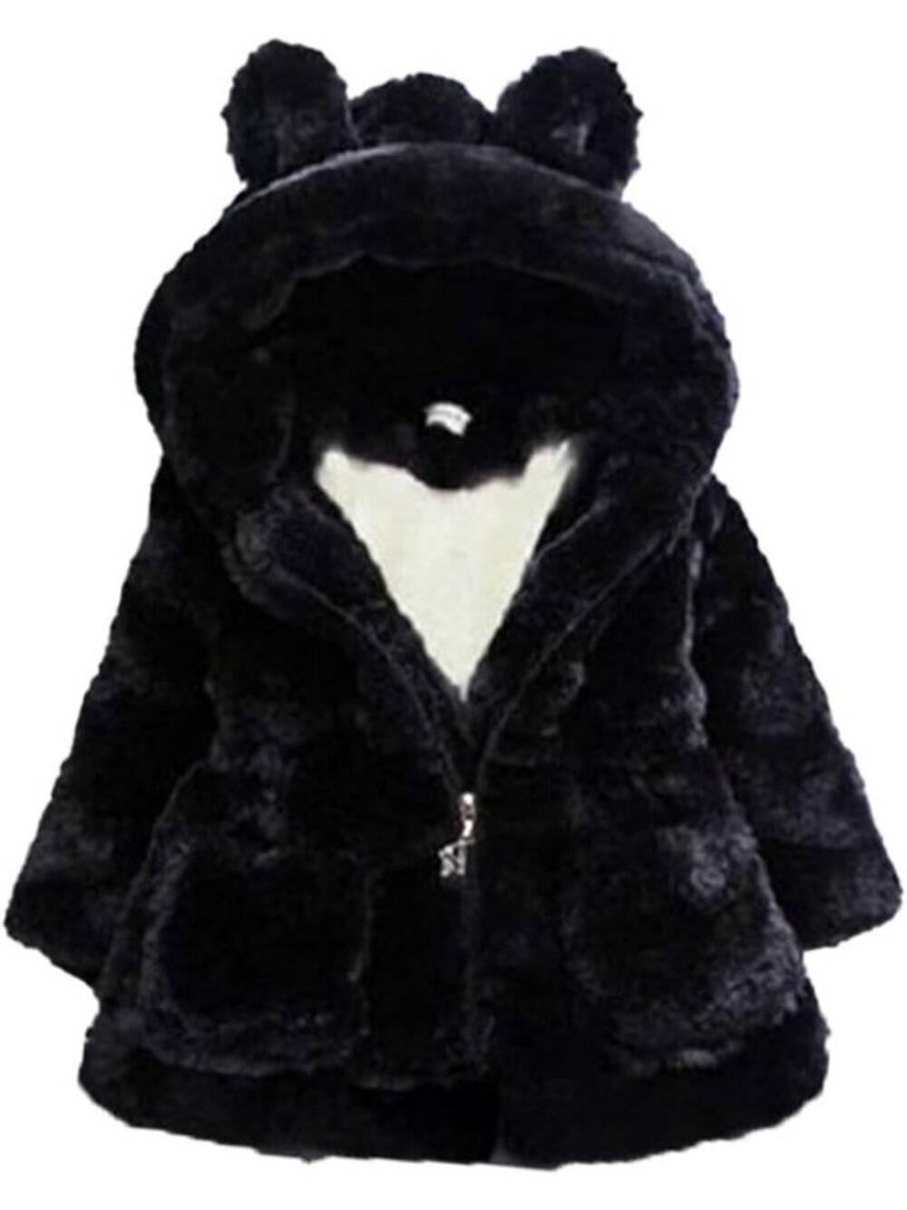 Kids Girls Black Polyester Winter Warm Outwear Ear Hooded Faux Fur Thicken Fleec